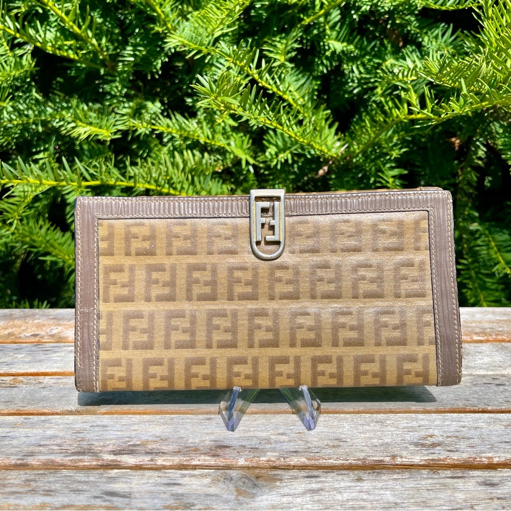 Vintage Fendi Zucca FF PVC Canvas Monogram Envelope Compact Bifold Long Wallet